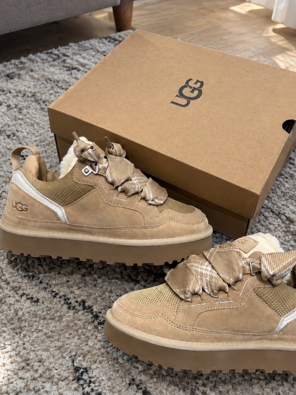 UGG Kids Tan Suede Sneakers with Ribbon Laces